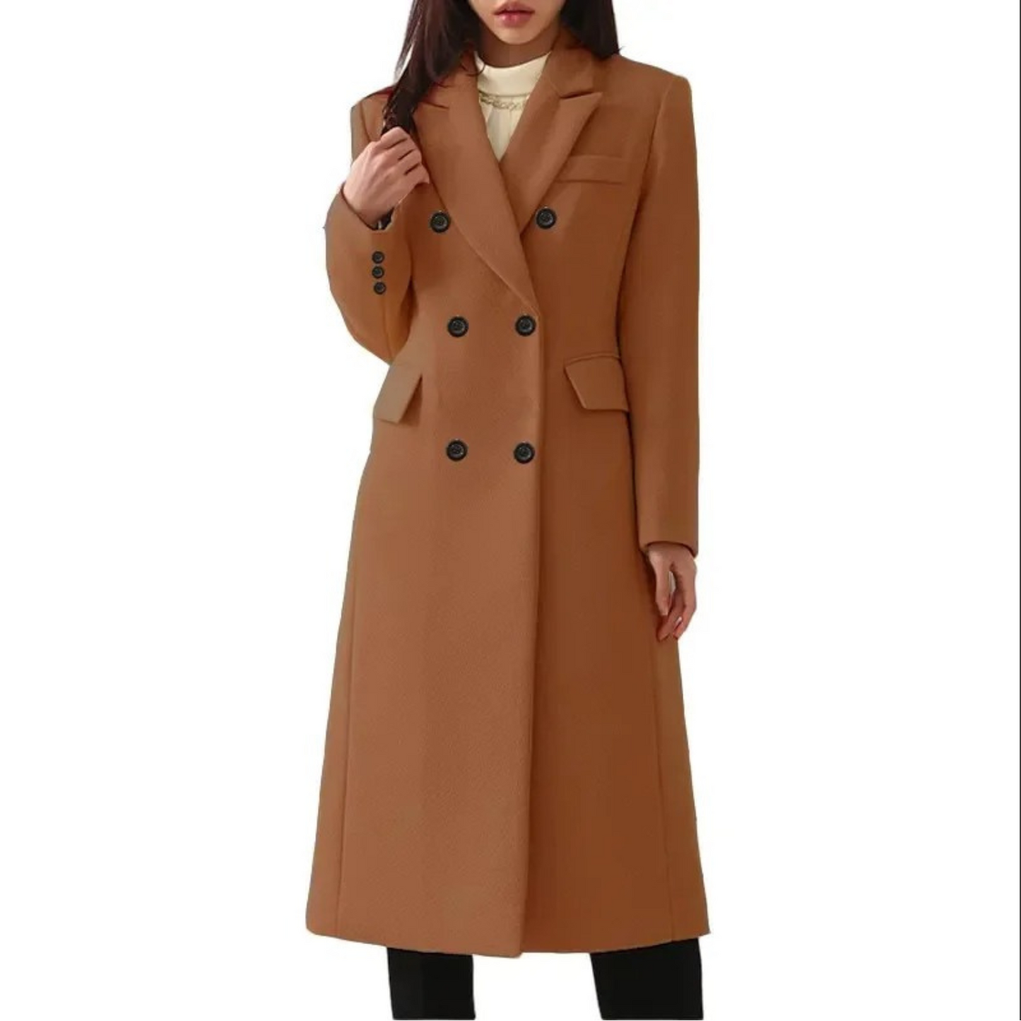 Manteau long d'hiver élégant pour femme, en laine, double col