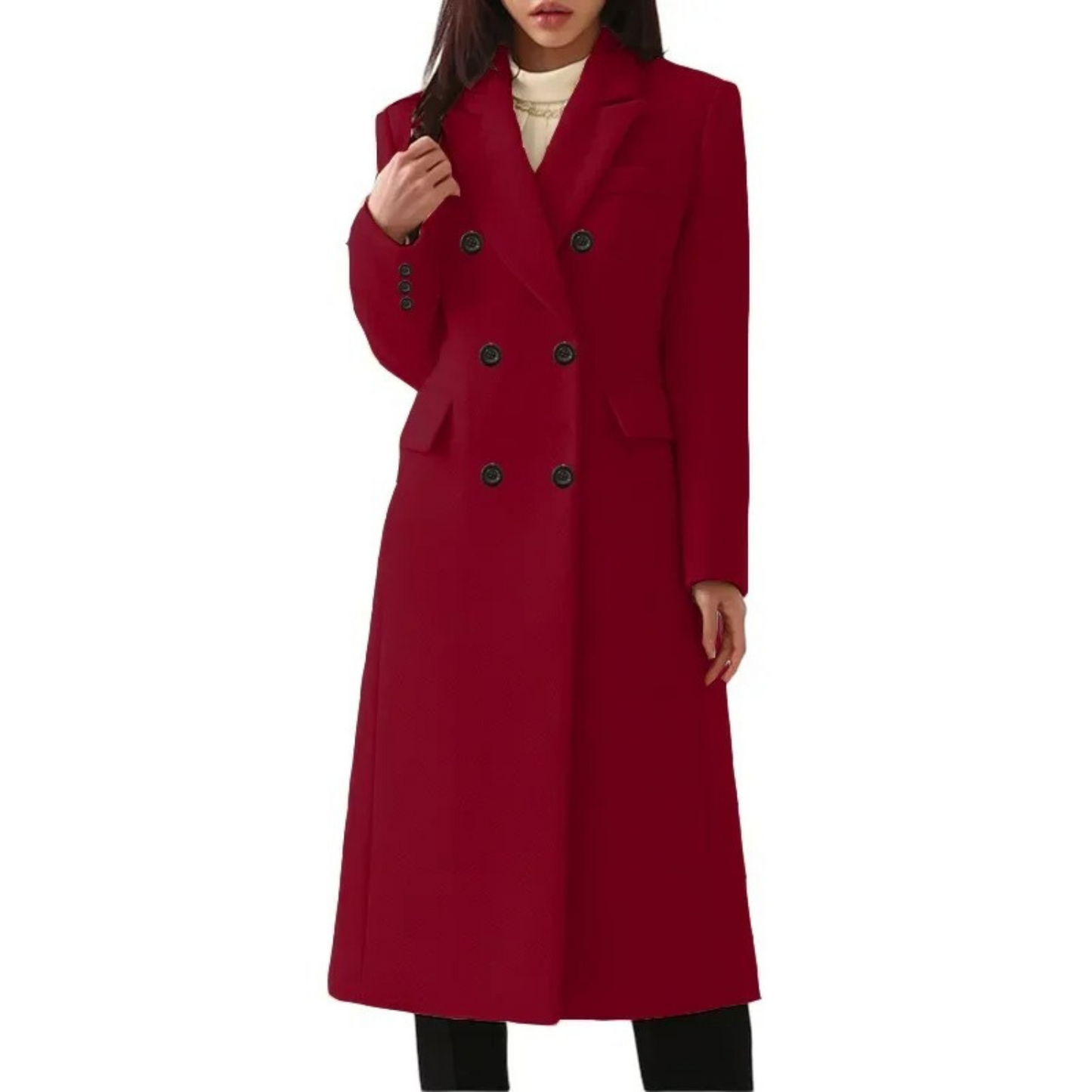 Manteau long d'hiver élégant pour femme, en laine, double col