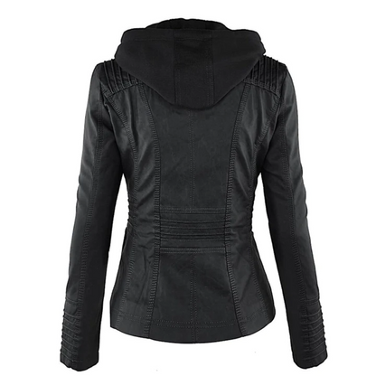Elegante Damen Lederjacke Kapuze Style - IdealeKleiden