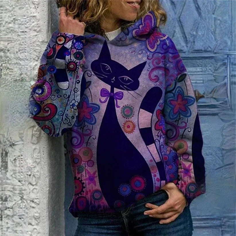 Sweat-shirt à capuche motif chat élégant