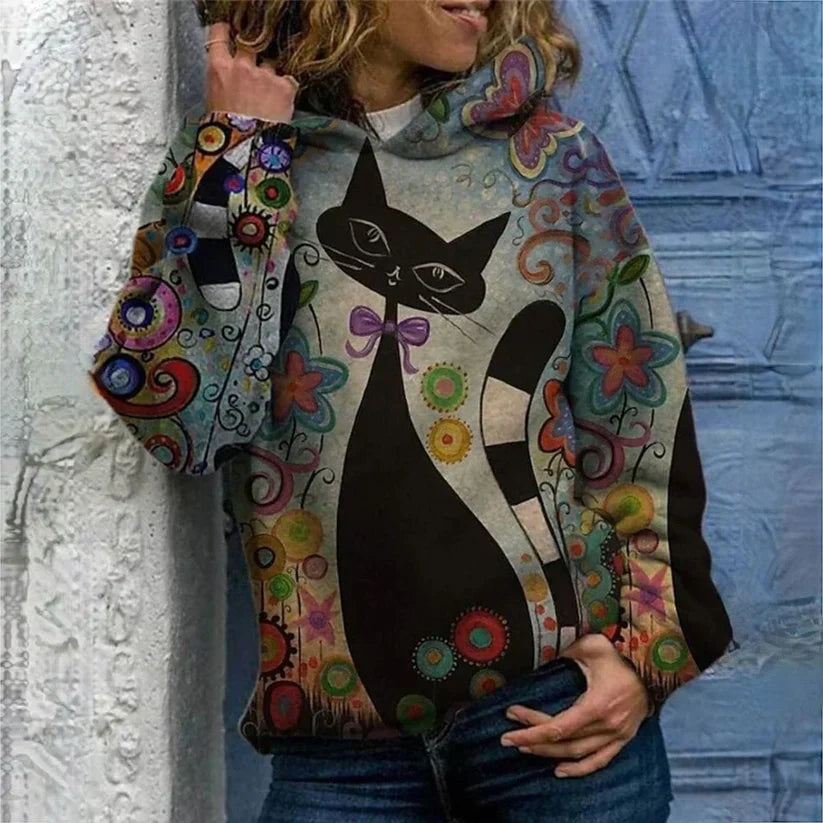 Sweat-shirt à capuche motif chat élégant
