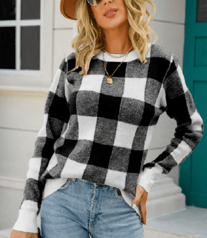 Karierte Strickjacke Damen Pullover - IdealeKleiden