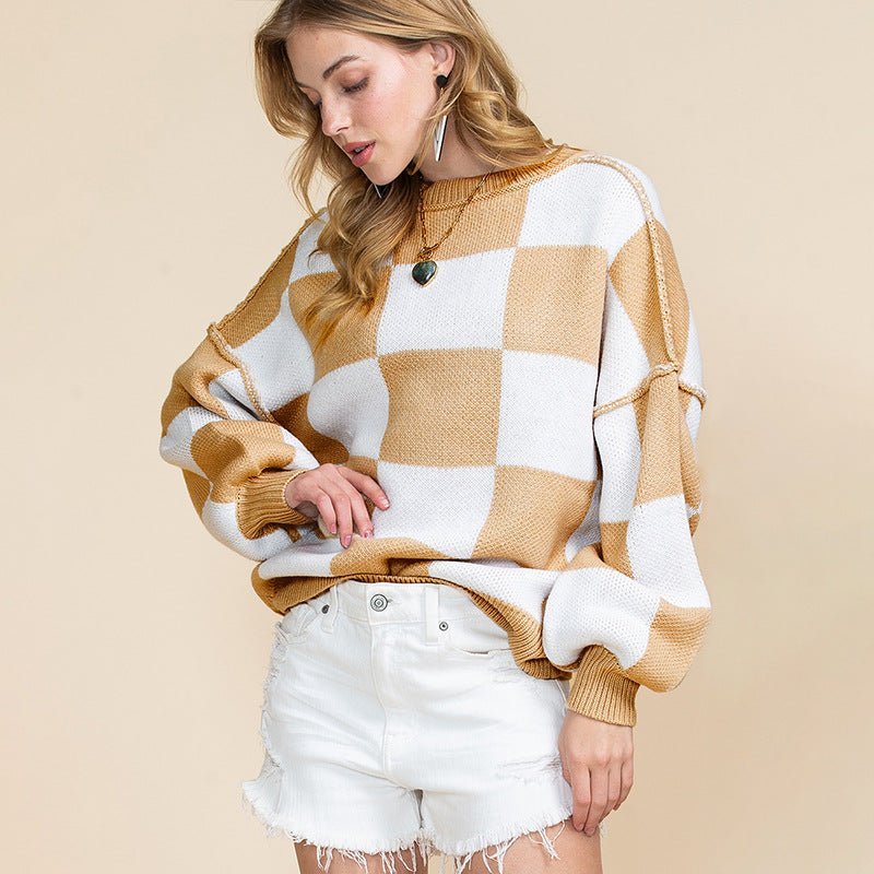 Großer Kariert Pullover Oversized Beige - IdealeKleiden