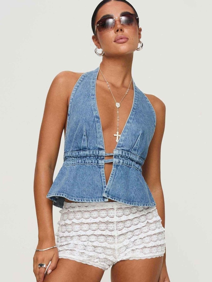 Bauchfreies Damen-Top mit V-Ausschnitt und Taillenband - IdealeKleiden