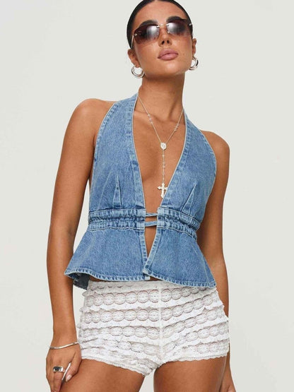 Bauchfreies Damen-Top mit V-Ausschnitt und Taillenband - IdealeKleiden