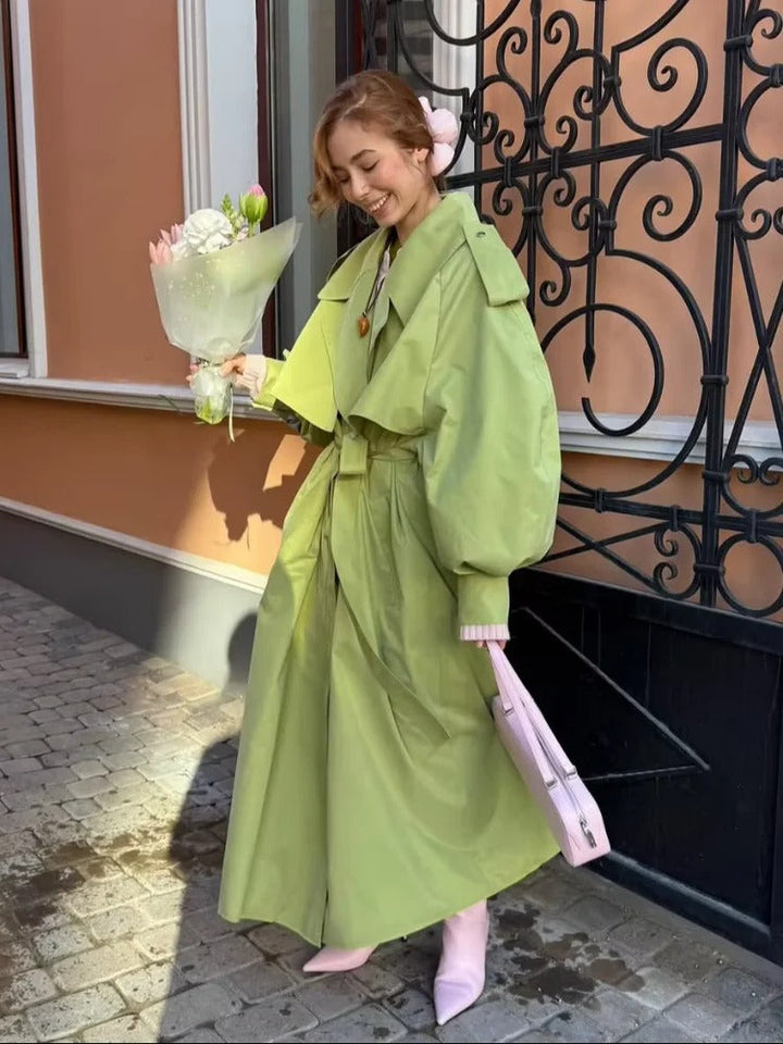 Großer Damen Trenchcoat Grün Oversized Gürtel - IdealeKleiden