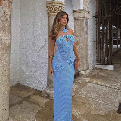 Robe longue au crochet fleurs 3D dos nu été