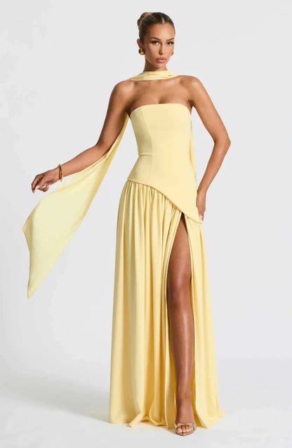 Robe longue femme avec fente et tissu plissé