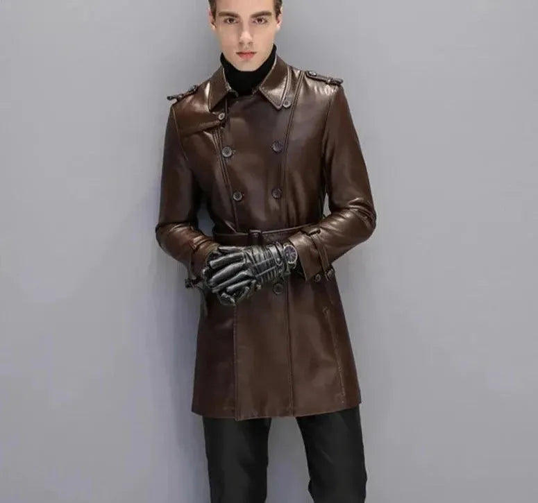 Herren Leder-Trenchcoat Elegant Schwarz - IdealeKleiden