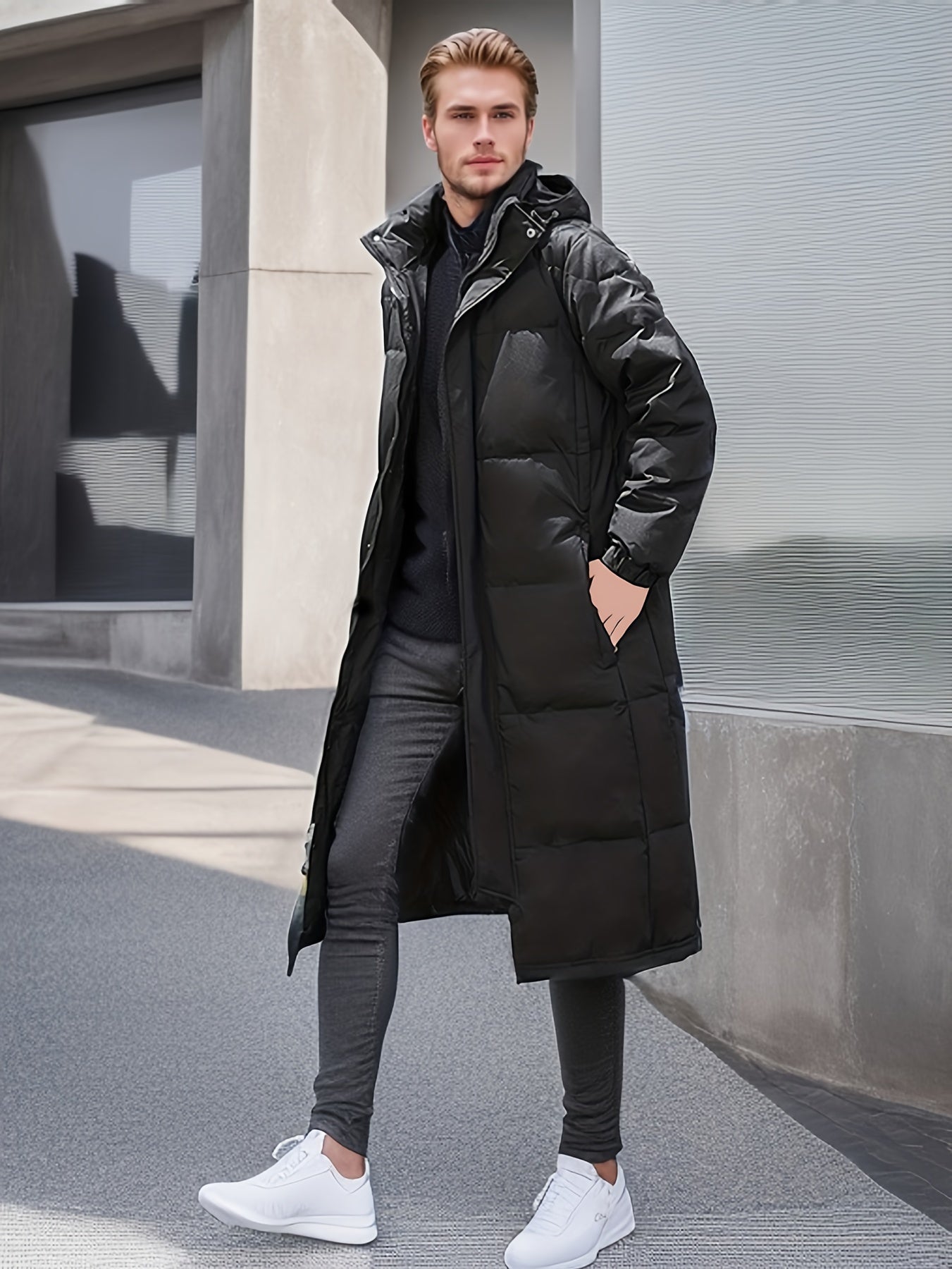 Manteau d'hiver long pour homme : Chaud, rembourré, design avec fermeture éclair