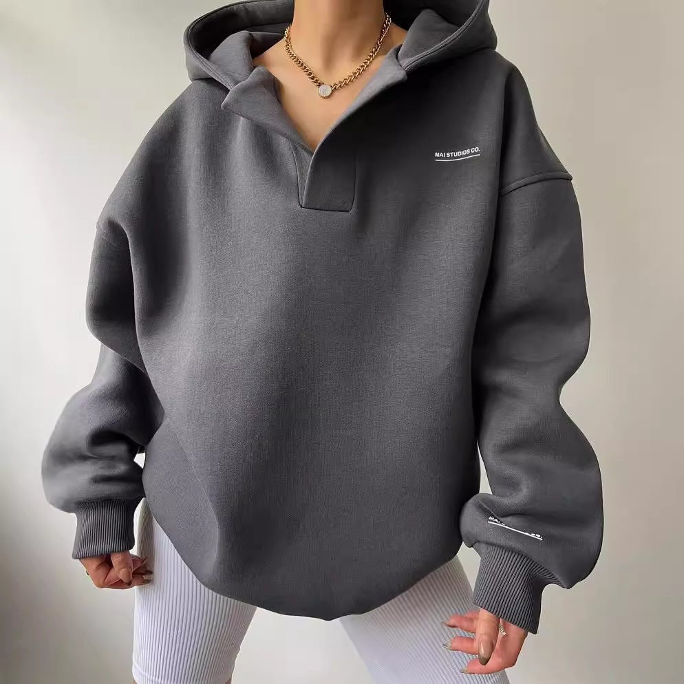 Kapuzenpullover Damen Offener Kragen Stickerei Design - IdealeKleiden