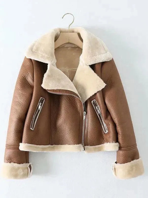 Blouson moto court en cuir fourré pour l'hiver