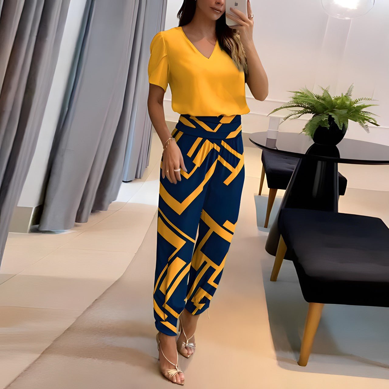 Damen Hosen-Set V-Ausschnitt Gemustert Stylish - IdealeKleiden