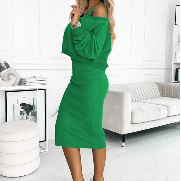 Ensemble décontracté femme avec pull en tricot et robe mi-longue