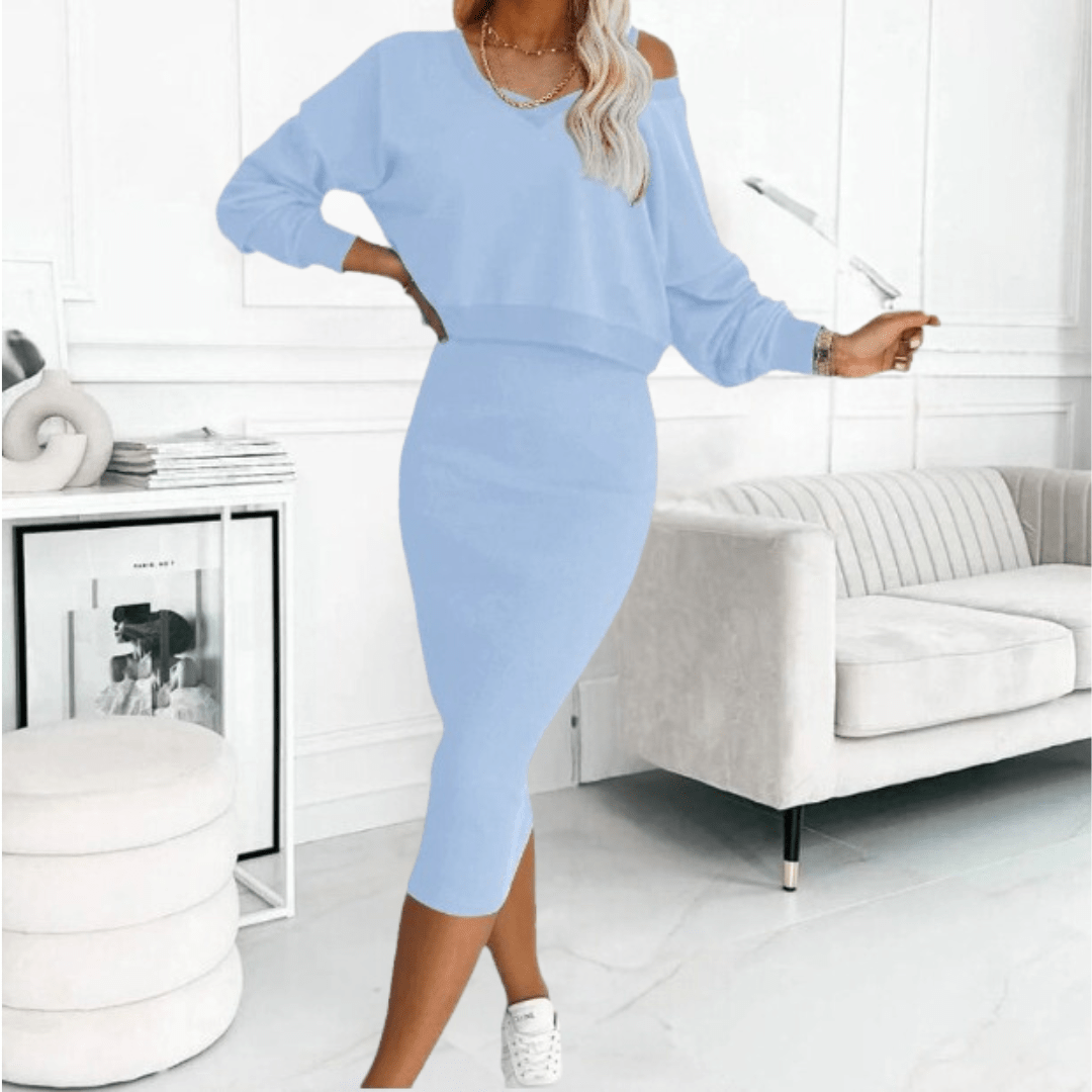 Ensemble décontracté femme avec pull en tricot et robe mi-longue