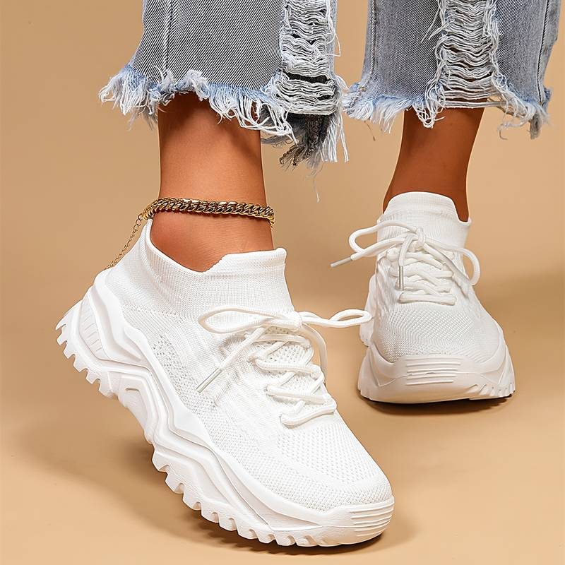 Damen Sneaker Modisch Schnüren Plattform Sohle - IdealeKleiden