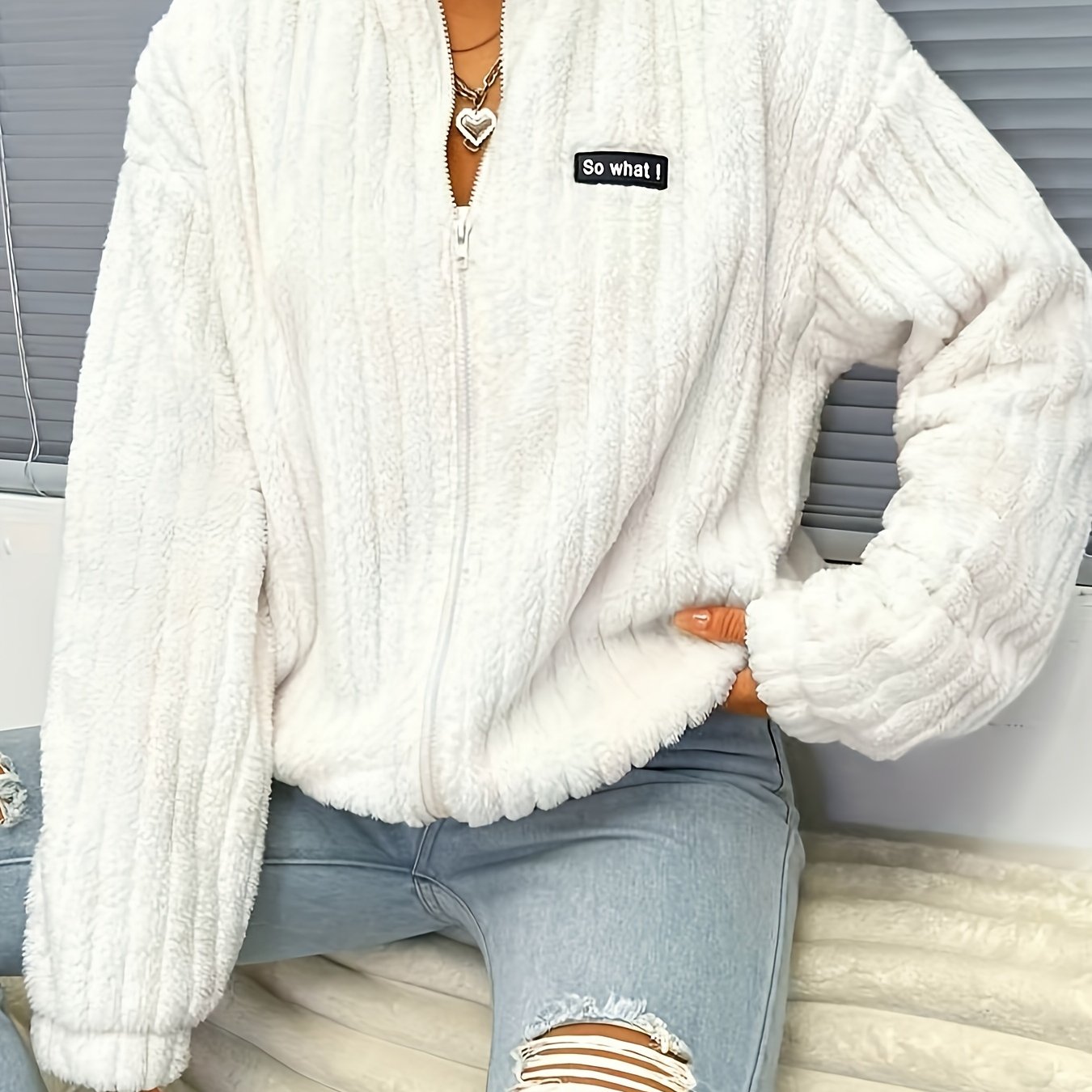 Veste teddy femme Manches longues Finition côtelée