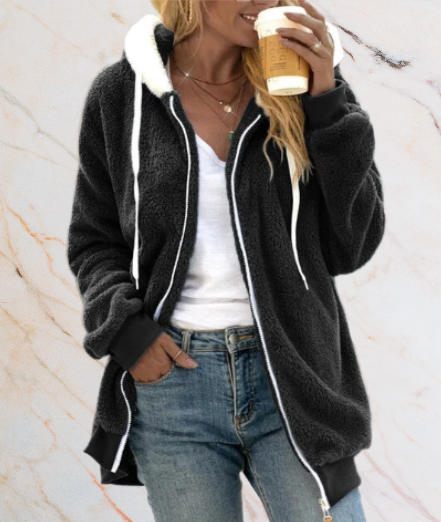 Grande veste en similicuir longue à fermeture éclair