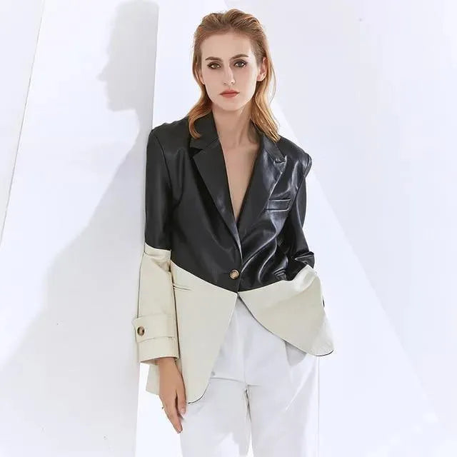 Blazer patchwork stylé en cuir pour femme