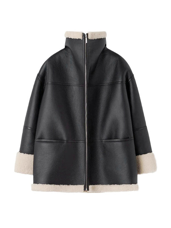 Blouson en peau de mouton oversize zippé réversible