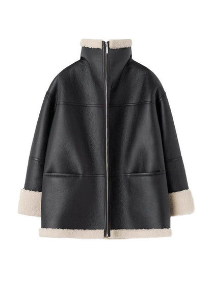 Blouson en peau de mouton oversize zippé réversible