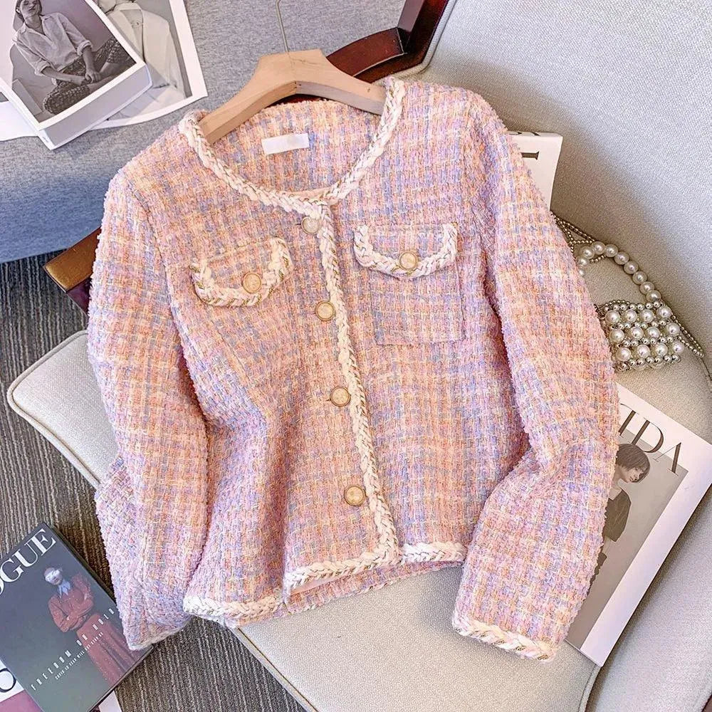 Veste tendance en tweed carreaux rose femme