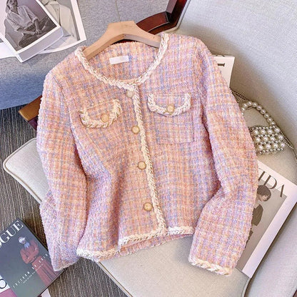 Veste tendance en tweed carreaux rose femme