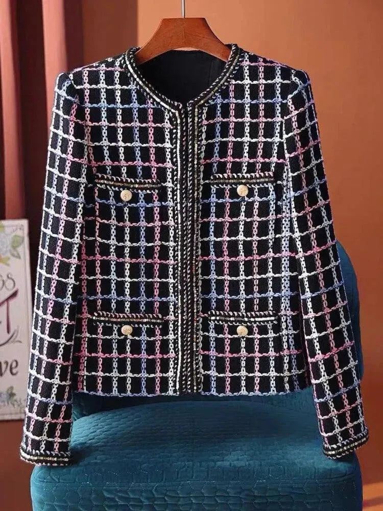 Veste à carreaux pour femme style tweed décontracté