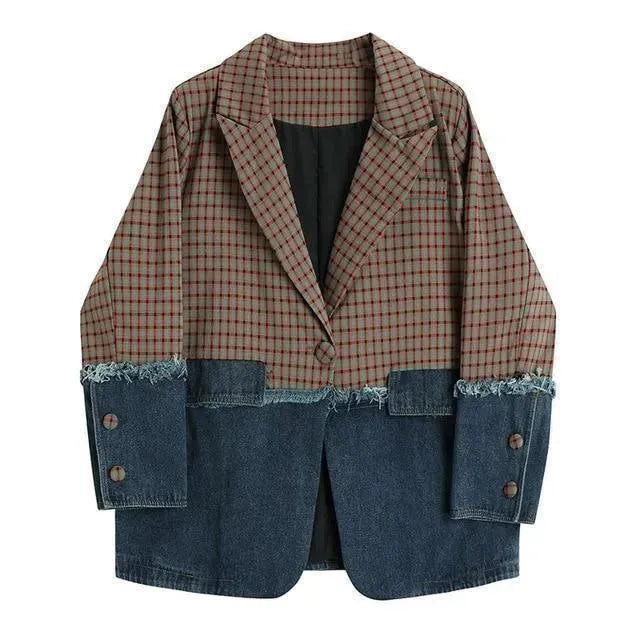 Blazer en jean à carreaux pour femme, grande taille, décontracté, patchwork