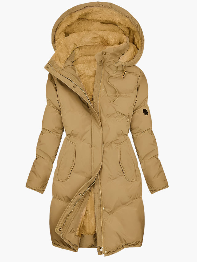 Manteau d'hiver long pour femme avec capuche et fausse fourrure élégant