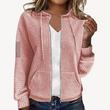 Pull-over gaufré douillet pour femme avec capuche et fermeture éclair