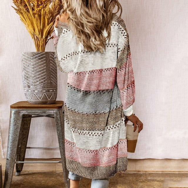 Damen Strickjacke Herbst Lang Gestreift - IdealeKleiden