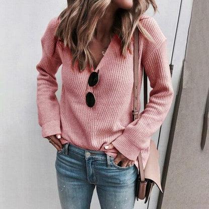 Damen Pullover Herbst Bequem V-Ausschnitt Strick - IdealeKleiden