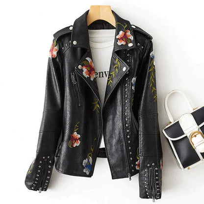 Blouson en cuir à fleurs pour femmes
