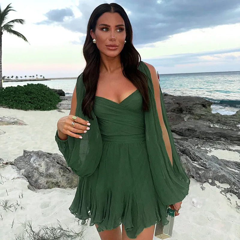 Robe d'été femme courte élégante manches longues