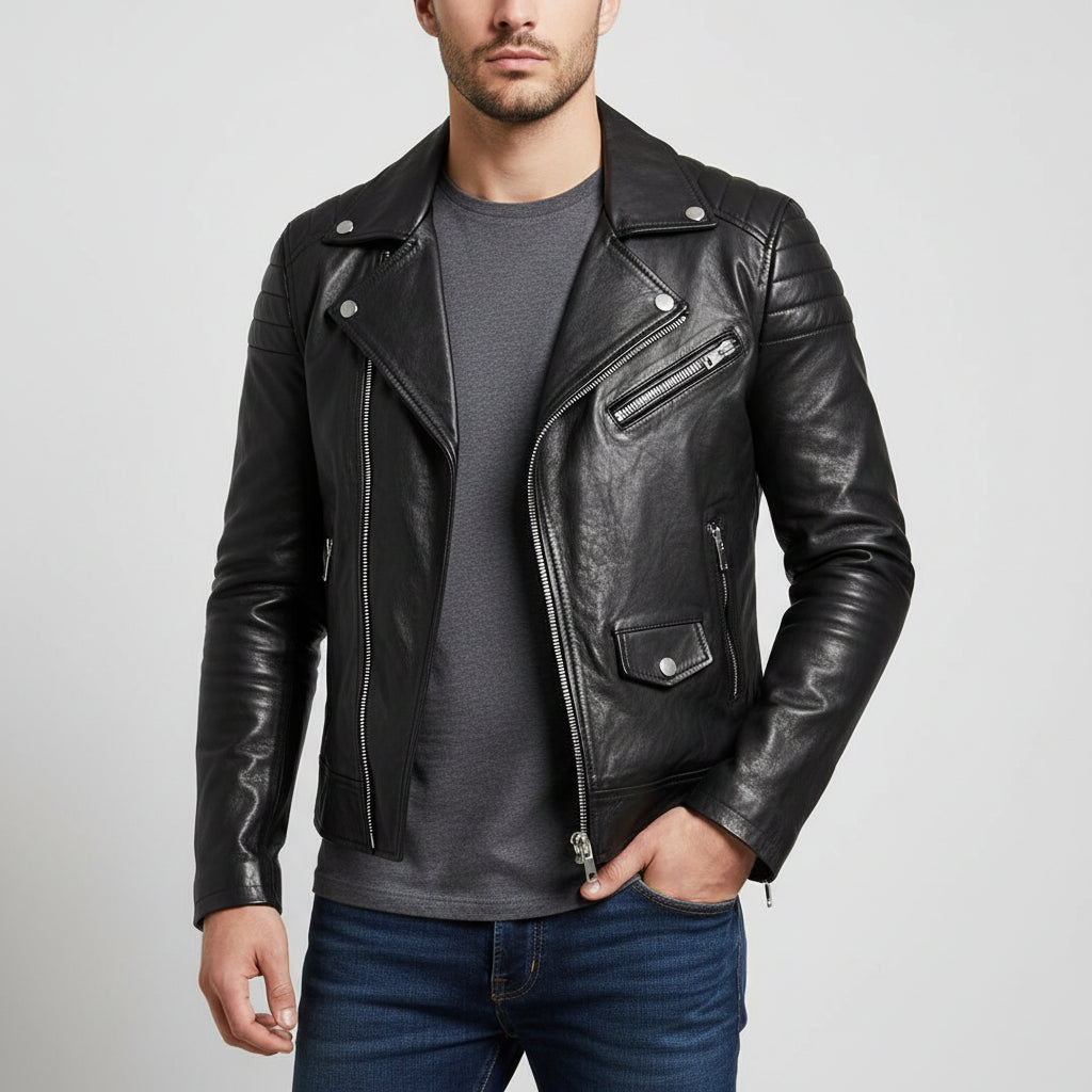 Herren Lederjacke Winter Schwarz Zip - IdealeKleiden