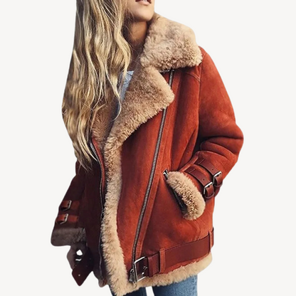 Blouson en cuir pour femme, doublé chaud, style motard