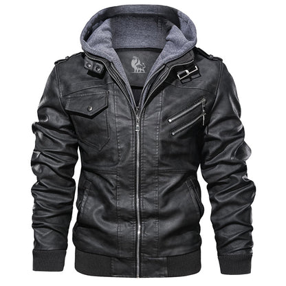 Blouson en cuir noir pour homme avec capuche amovible
