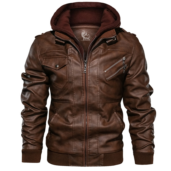 Blouson en cuir noir pour homme avec capuche amovible
