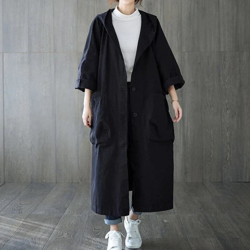 Trench-coat long grande taille à capuche grandes poches