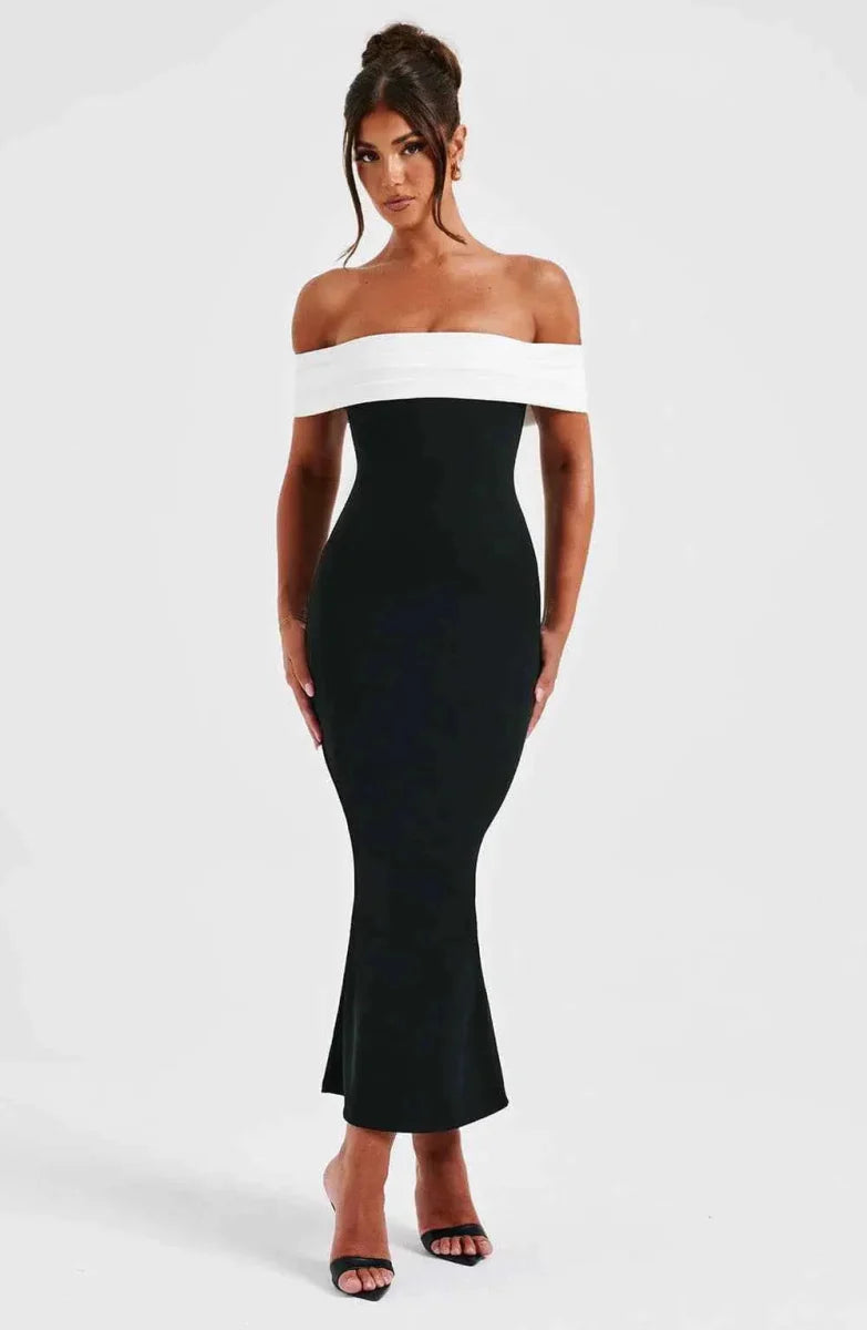 Schulterfreies Sommerkleid mit Farbblock-Design - IdealeKleiden