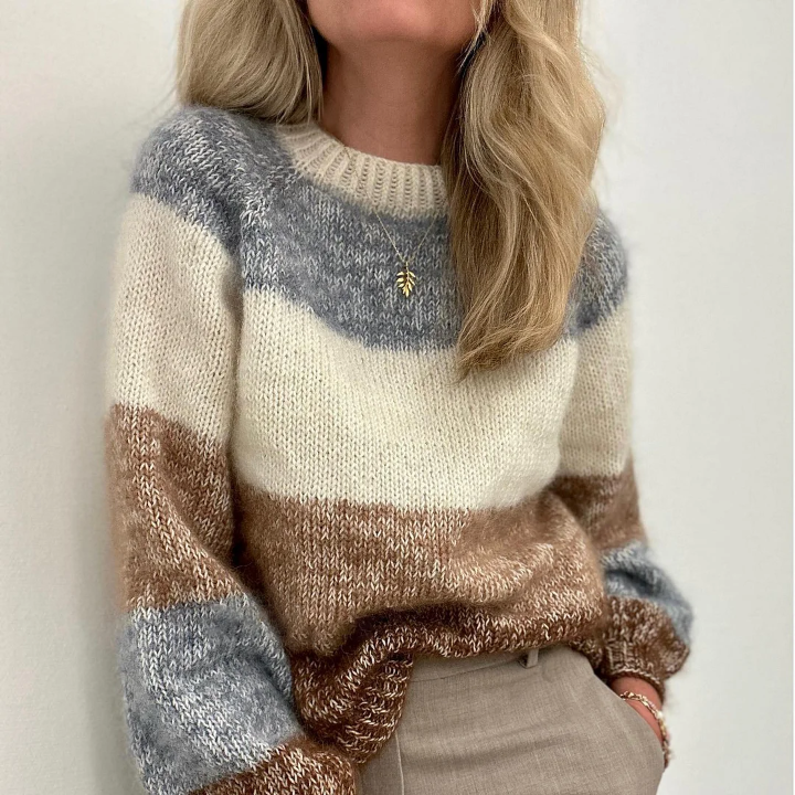 Pull Retro Femme Couleurs Contrastées Col Rond
