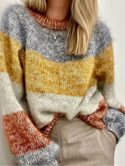 Retro Pullover Frauen Kontrast Farben Rundhals - IdealeKleiden