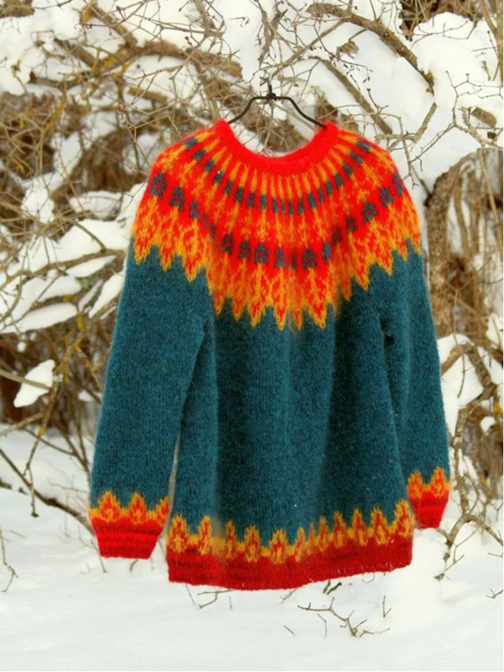 Isländischer Wollpullover Rundhals Warm Vintage-Stil - IdealeKleiden