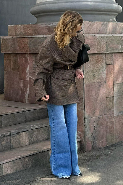 Élégant manteau long à carreaux pied-de-poule pour femme