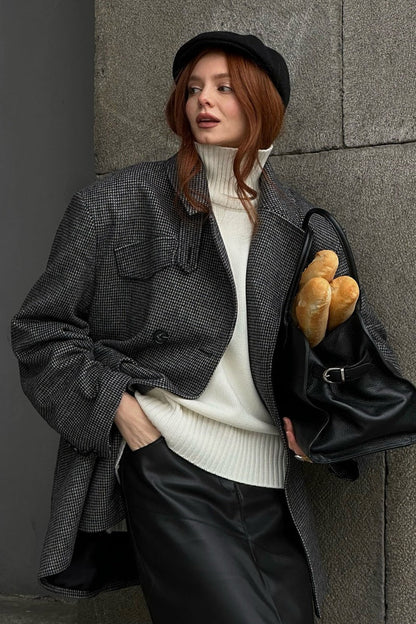Élégant manteau long à carreaux pied-de-poule pour femme