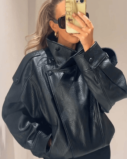 Blouson en cuir élégant à coupe asymétrique