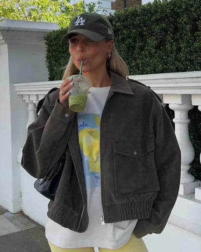 Blouson aviateur en cuir véritable suédé