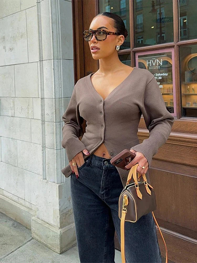 Cardigan en tricot pour femme col V élégant