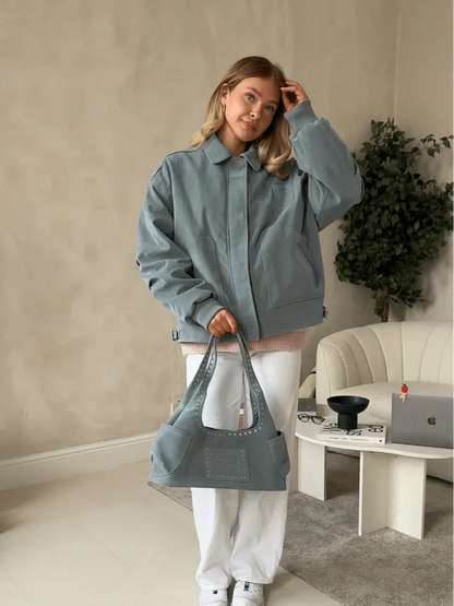 Blouson bombardier en daim souple, cuir bleu